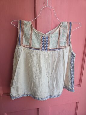 Chelsea & Violet Cream Embroidered Boho Tank with Blue and Rust Trim 100% Cotton